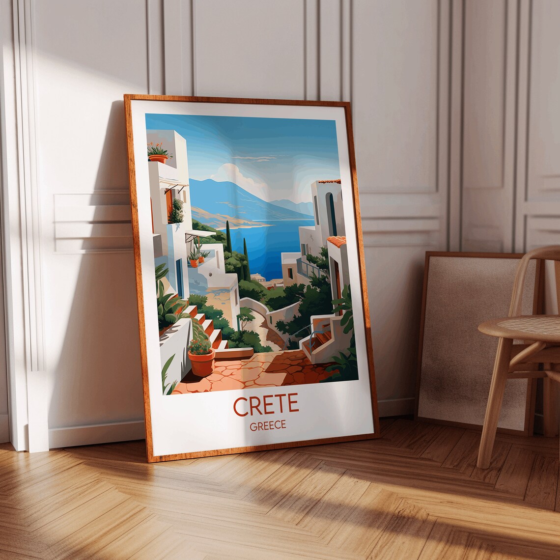 Crete Greece Vintage Travel Illustration White Village Sea View Poster - Image 3