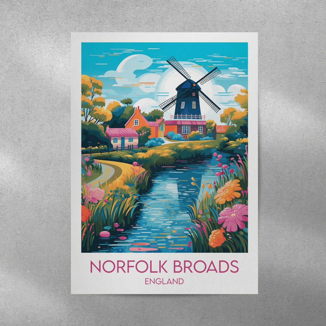 Norfolk Broads England Windmill River Wildflowers Travel Art Poster - Image 4