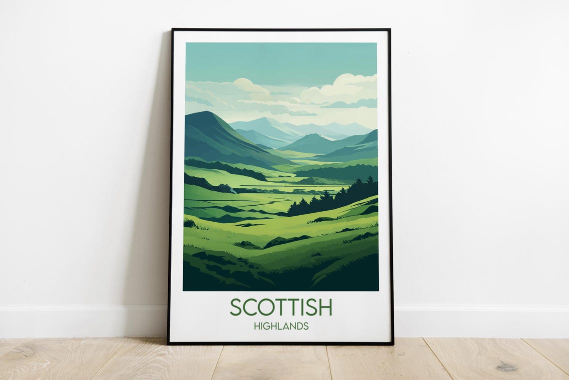 Scottish Highlands Green Valleys Mountains Minimal Travel Art Poster