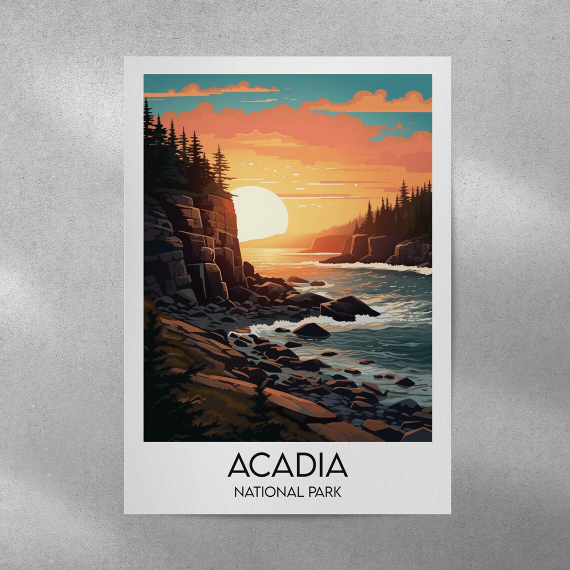 Acadia National Park Maine Sunset Rocky Coastline Art Poster - Image 3