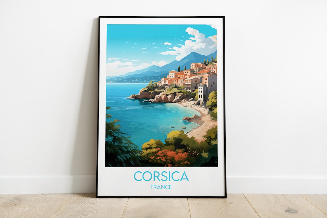 Corsica France Coastal Village Turquoise Bay Island Travel Poster