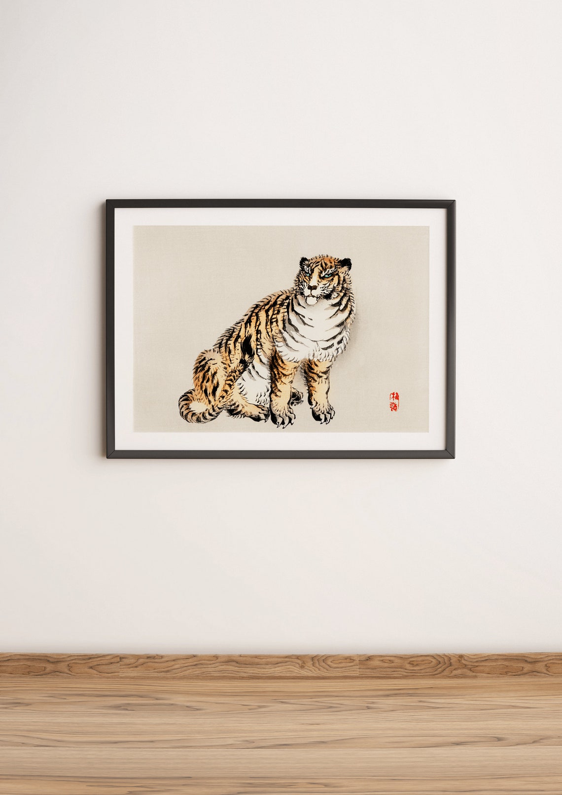 Japanese Tiger Sitting Woodblock Style Traditional Art Poster - Image 3