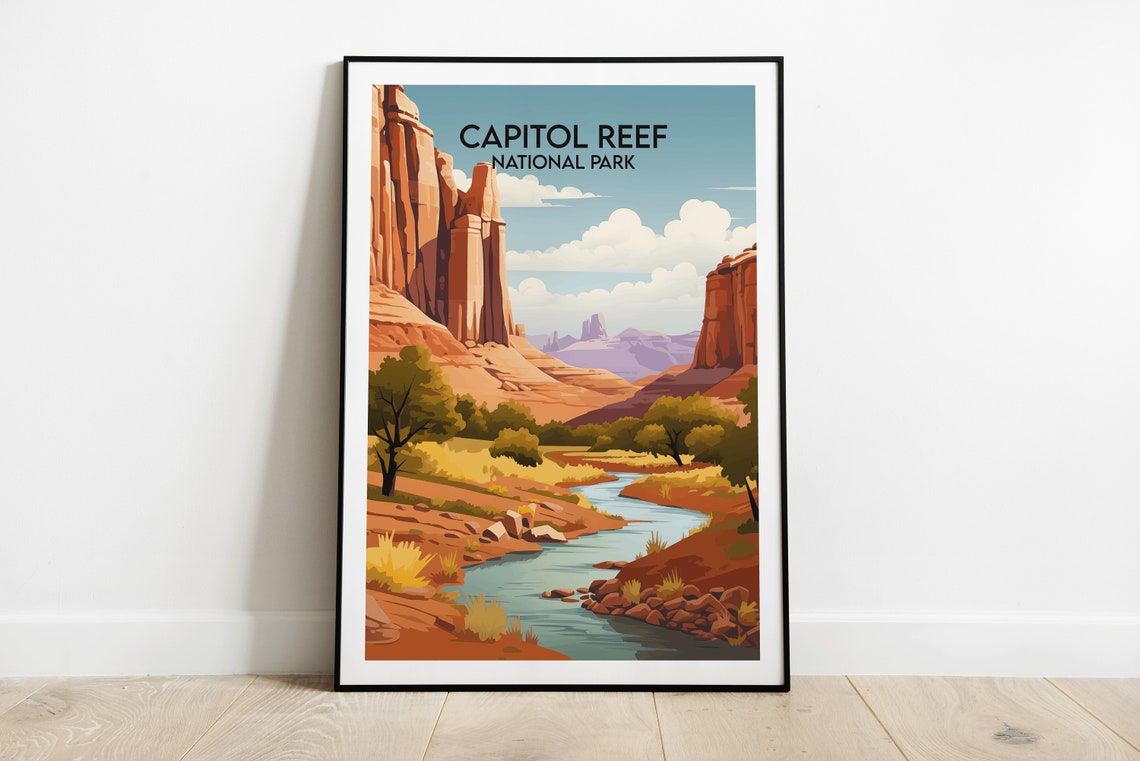 Capitol Reef National Park Winding River Canyon Vintage Travel Poster