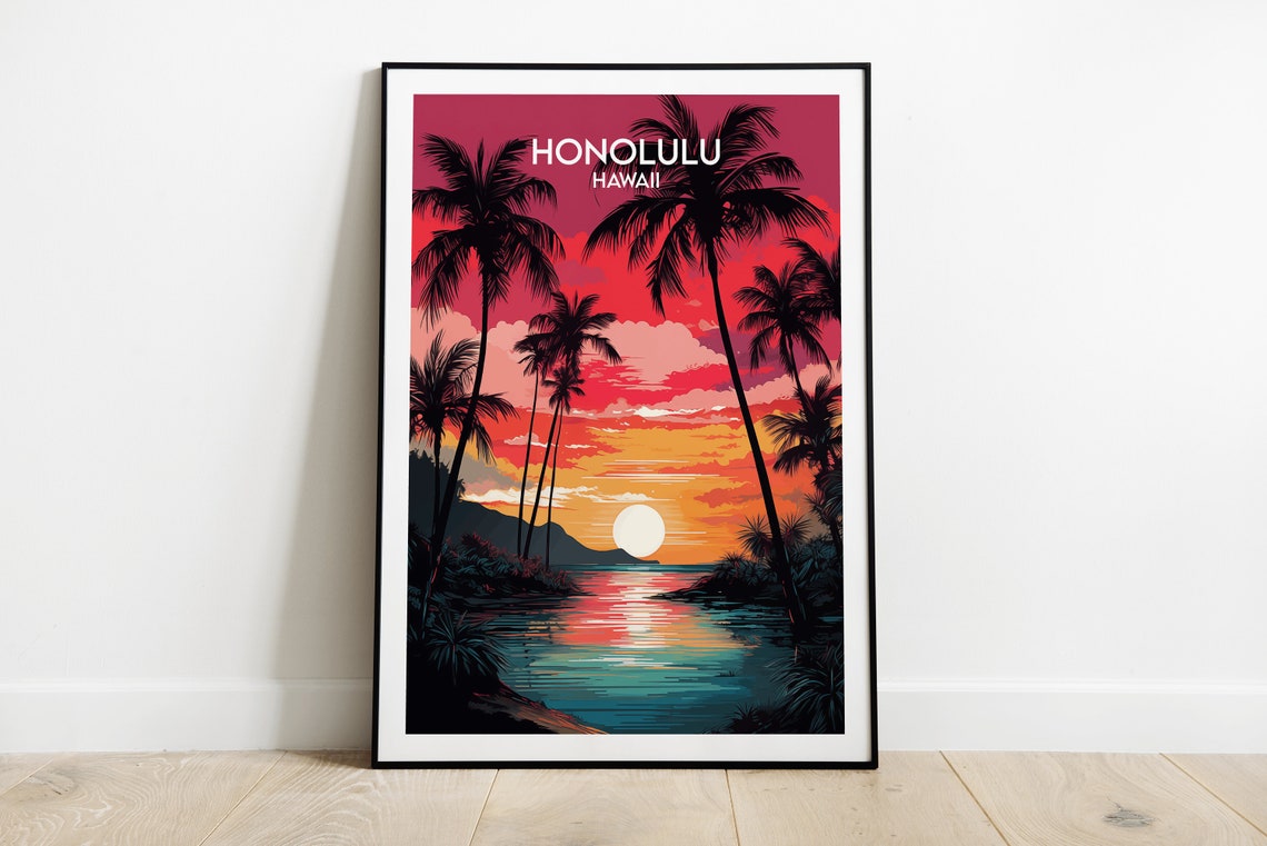 Honolulu Hawaii Palm Sunset Silhouette Tropical Beach Poster