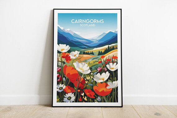 Cairngorms Scotland Wildflower Meadow Mountain Vintage Travel Poster