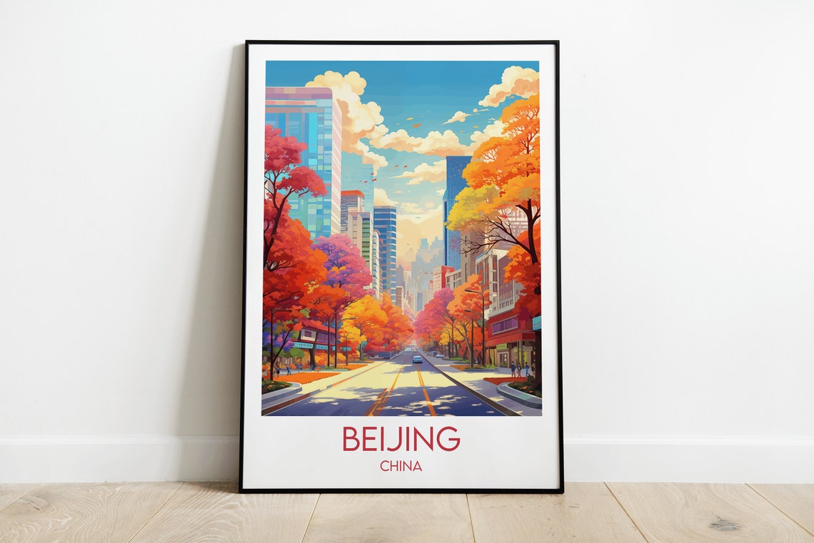 Beijing China Autumn Avenue Red Trees City Skyline Travel Poster