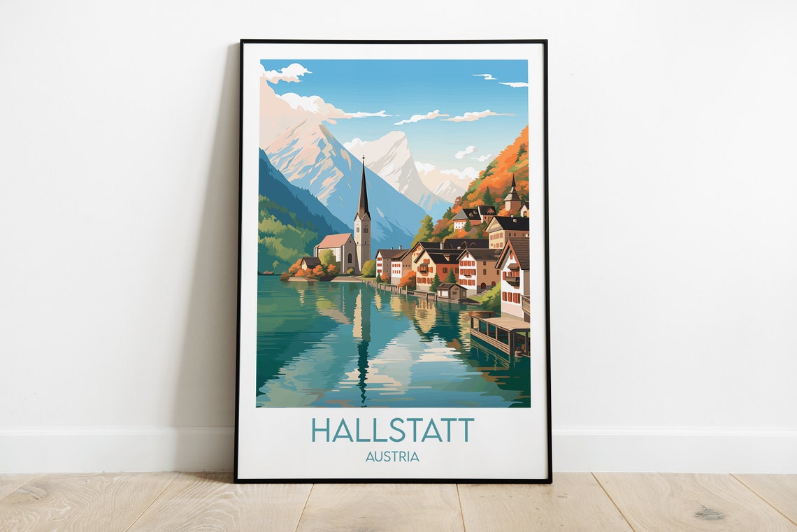 Hallstatt Austria Lakeside Village Church Spire Alpine Lake Poster