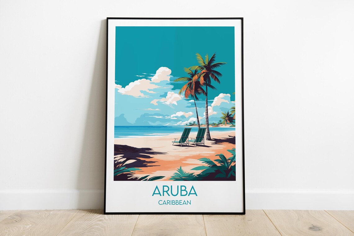 Beautiful Aruba Caribbean Palm Beach Ocean View Vintage Travel Poster