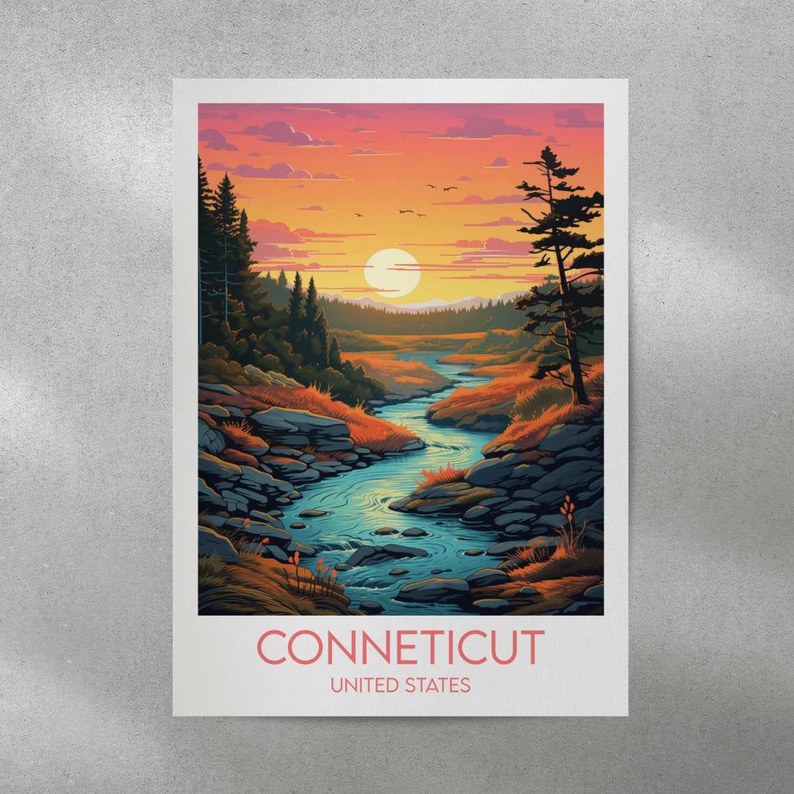 Connecticut United States Forest River Sunset Wilderness Travel Poster - Image 3
