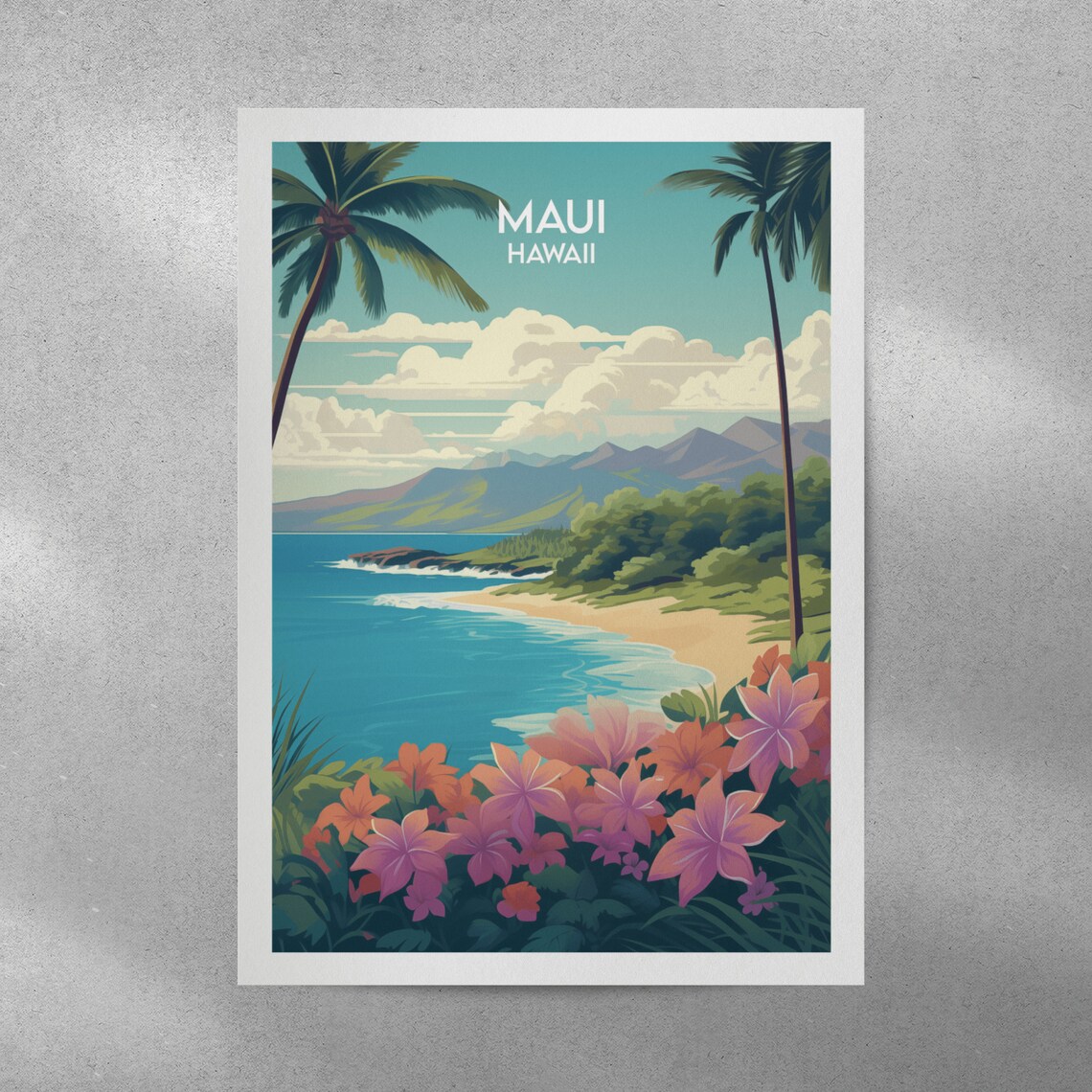 Maui Hawaii Tropical Beach Palm Trees Floral Cove Travel Poster - Image 2