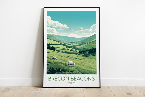 Brecon Beacons Wales Grazing Sheep Rolling Green Hills Travel Poster