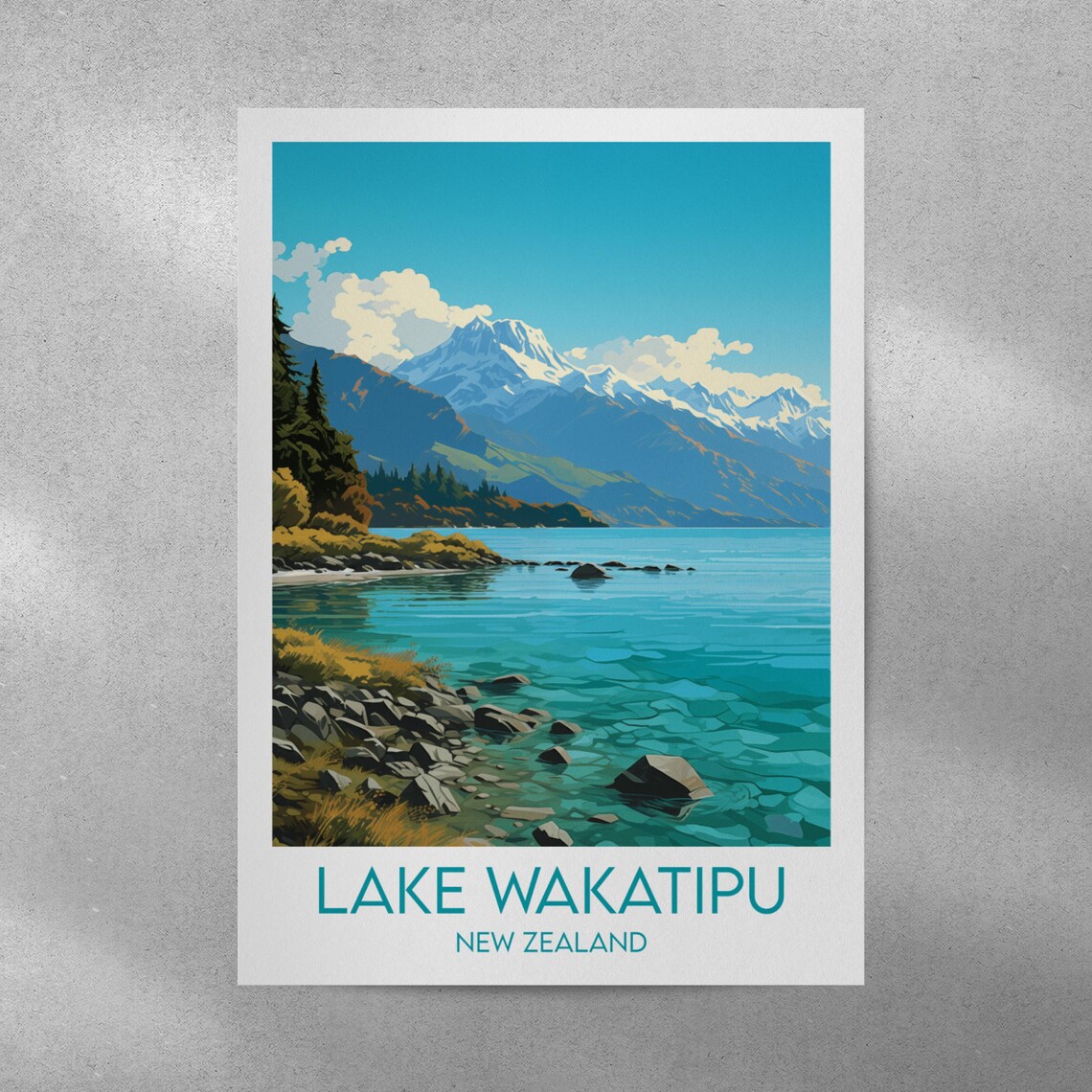 Lake Wakatipu New Zealand Mountain Lake Shore Vintage Poster - Image 4
