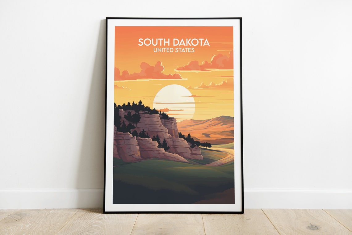 South Dakota Sunset Vintage Travel Poster Cliffs Prairie View