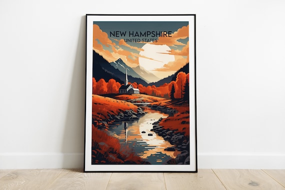 New Hampshire Autumn Mountain River Vintage Style Travel Poster