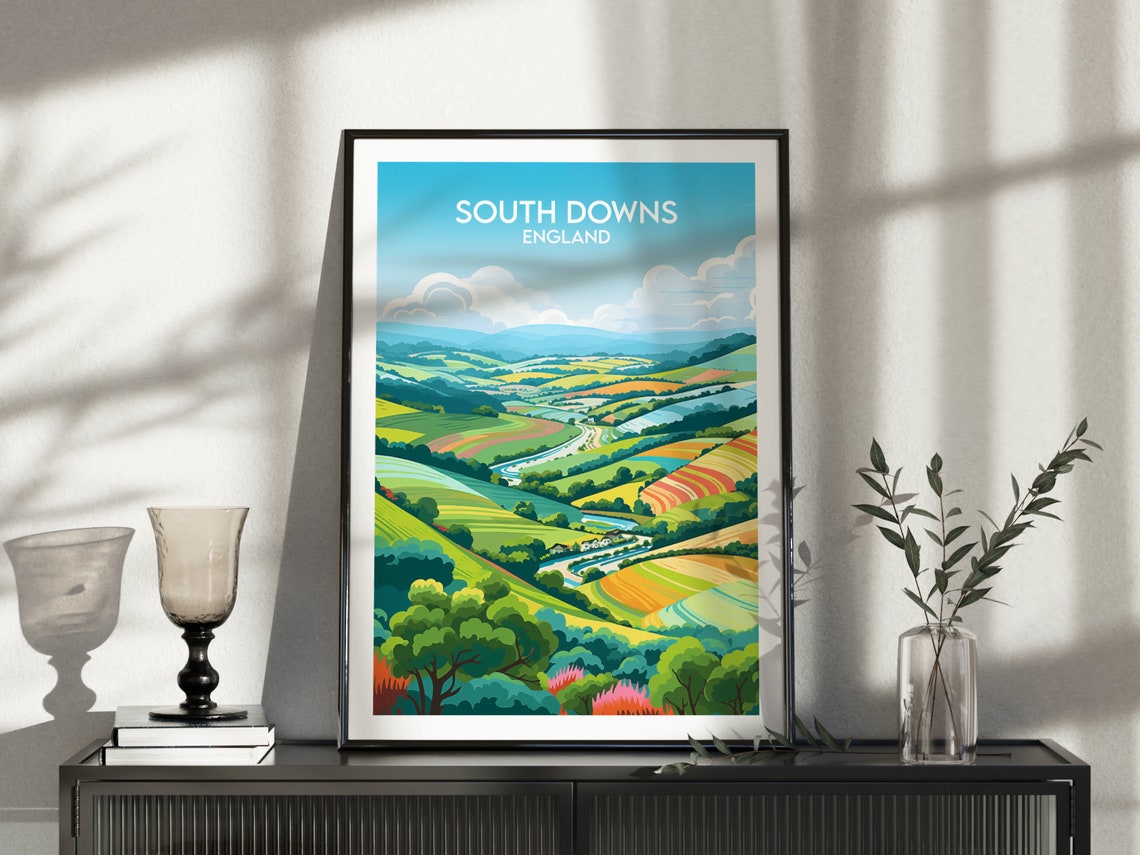 South Downs England Colorful Patchwork Rolling Hills Travel Poster - Image 5