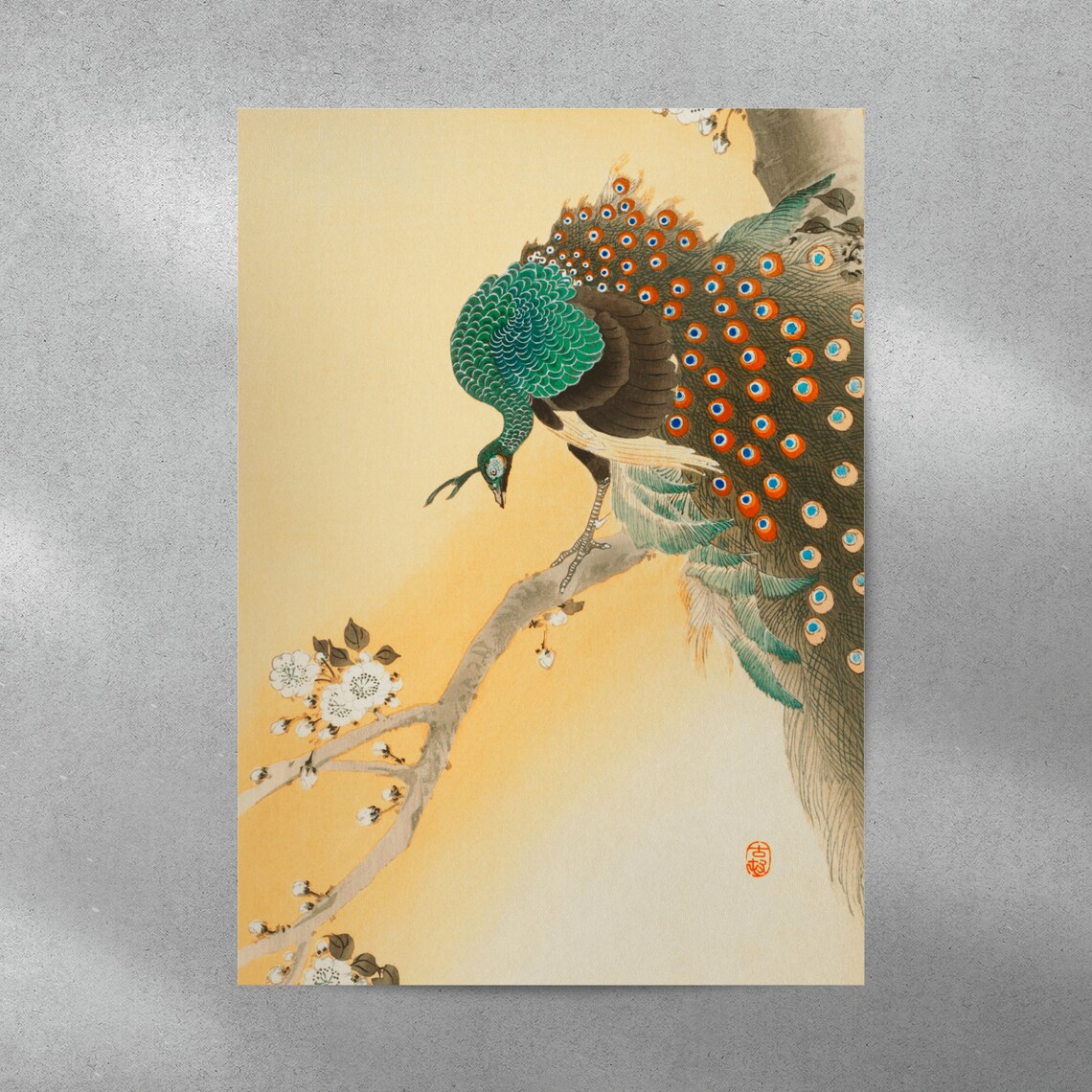 Regal Peacock on Blossom Branch Japanese Woodblock Art Poster - Image 4