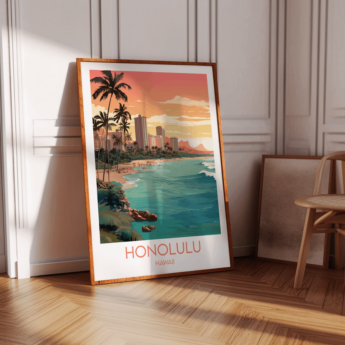 Honolulu Hawaii Beach Sunset Retro Illustrated Travel Poster - Image 2