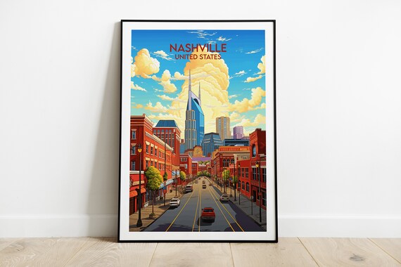 Nashville Vintage Travel Poster Colorful Downtown Street Scene