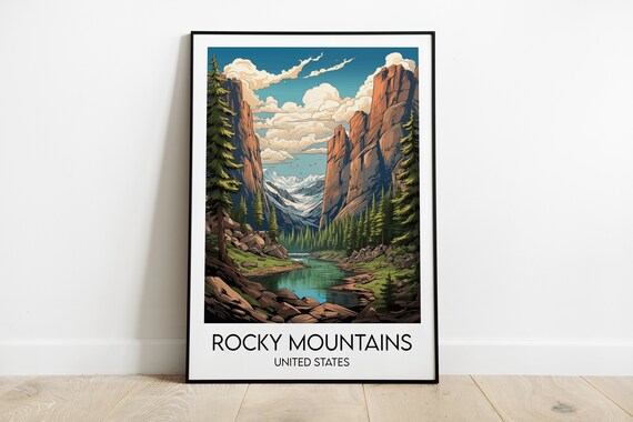 Rocky Mountains Red Cliffs Lake Bottom Lettering Travel Poster