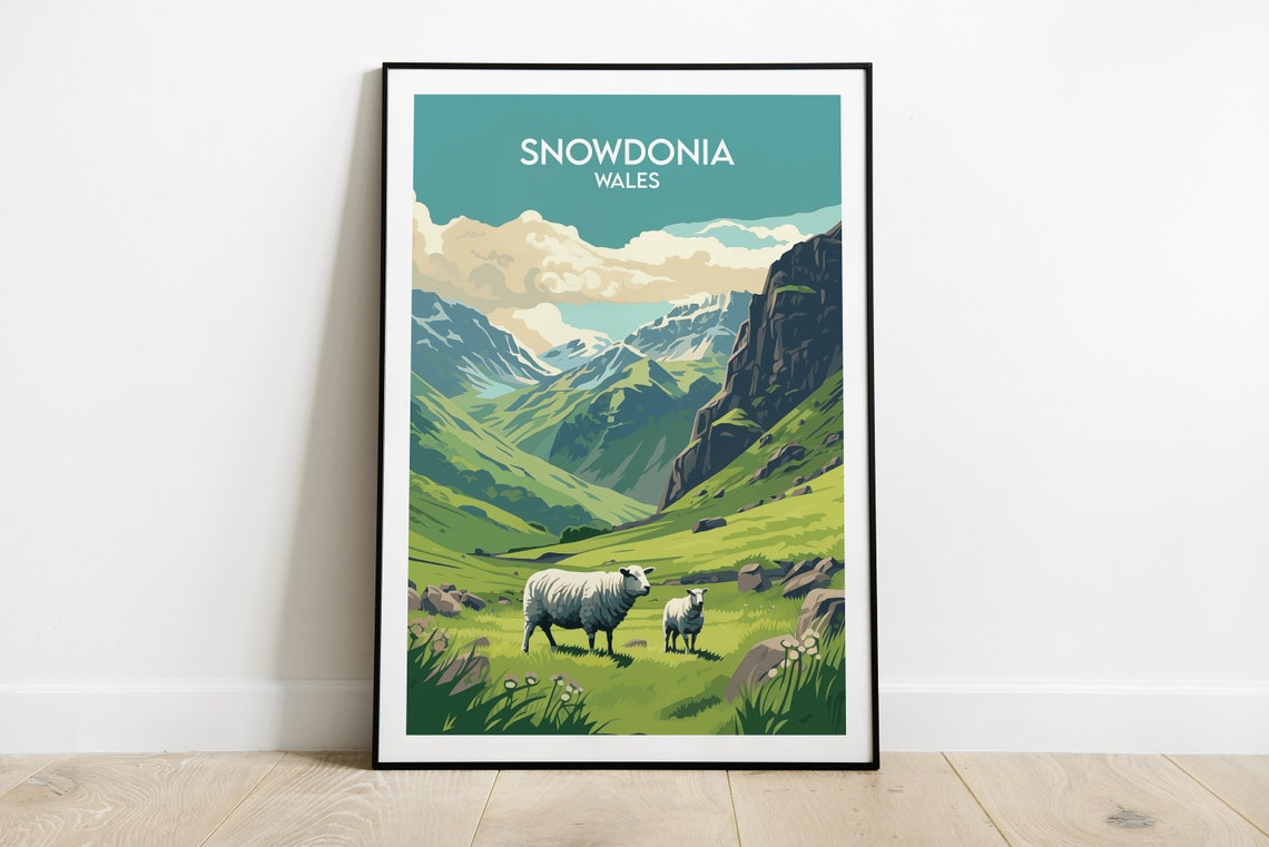 Snowdonia Wales Green Valley Sheep Grazing Mountain Poster Art