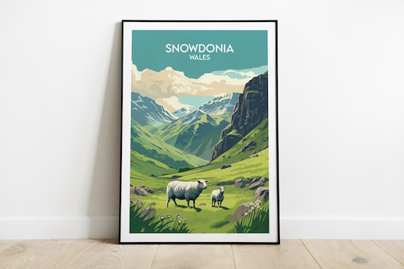 Snowdonia Wales Green Valley Sheep Grazing Mountain Poster Art