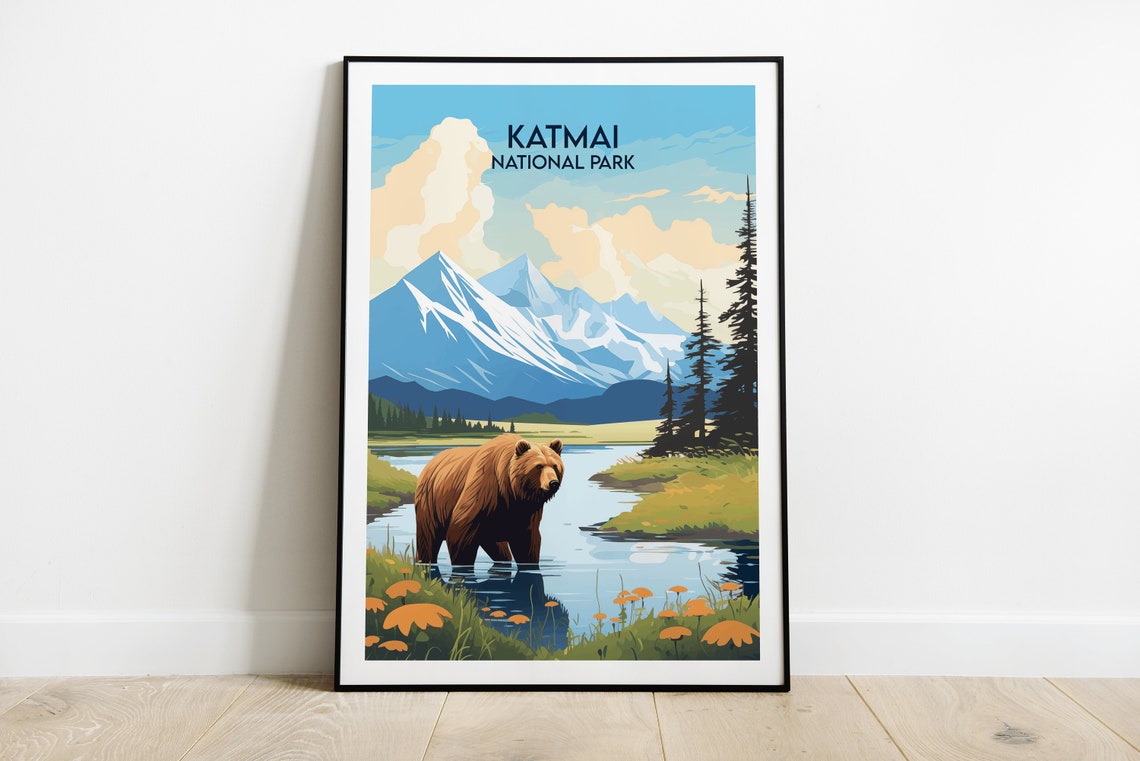 Katmai National Park Alaska Bear Stream Retro Art Travel Poster