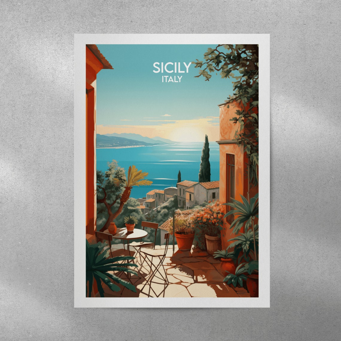 Sicily Italy Terrace Sea View Coast Sunset Village Travel Poster - Image 4