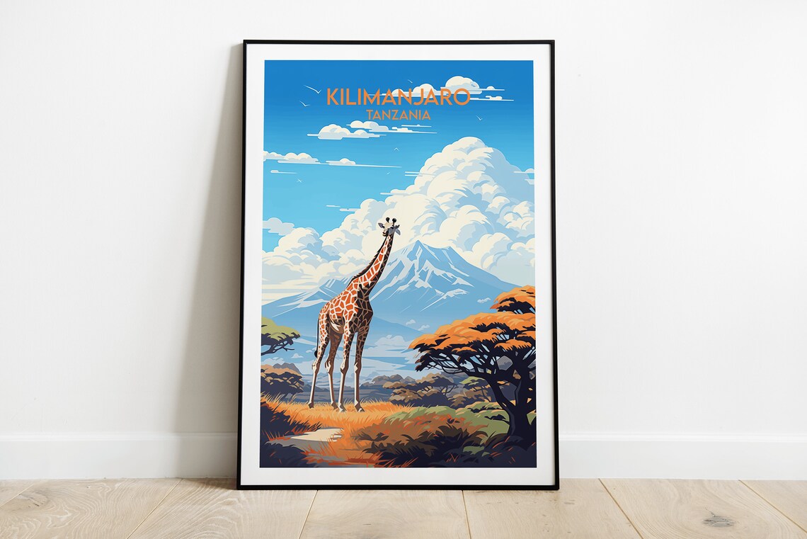 Kilimanjaro Tanzania Giraffe Safari Mountain Retro Travel Poster