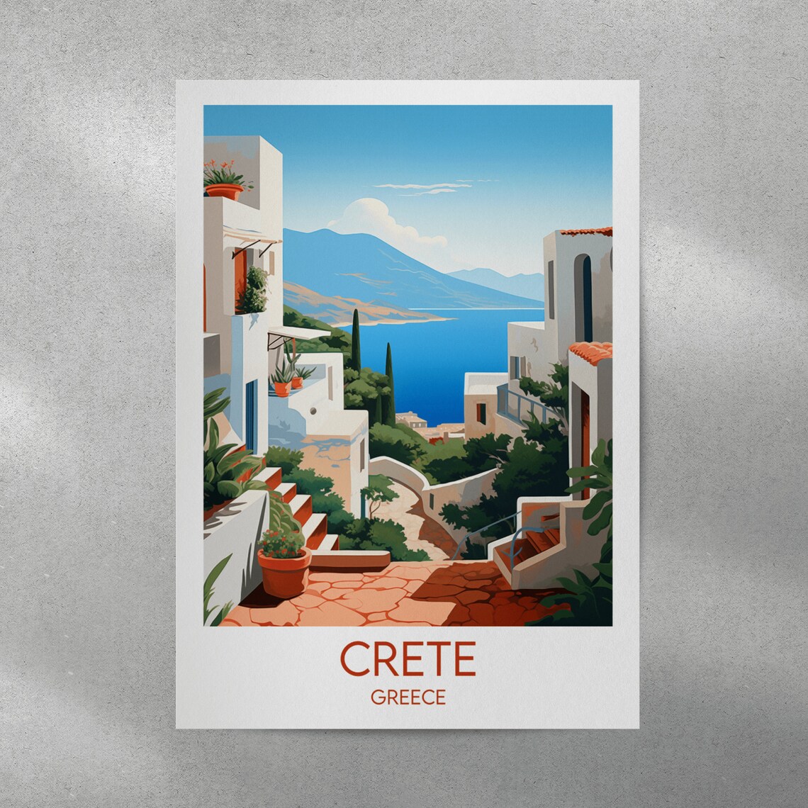 Crete Greece Vintage Travel Illustration White Village Sea View Poster - Image 4