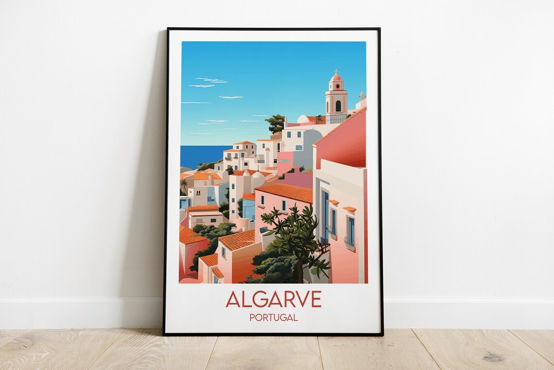 Algarve Portugal Seaside Village Rooftops Classic Travel Art Poster