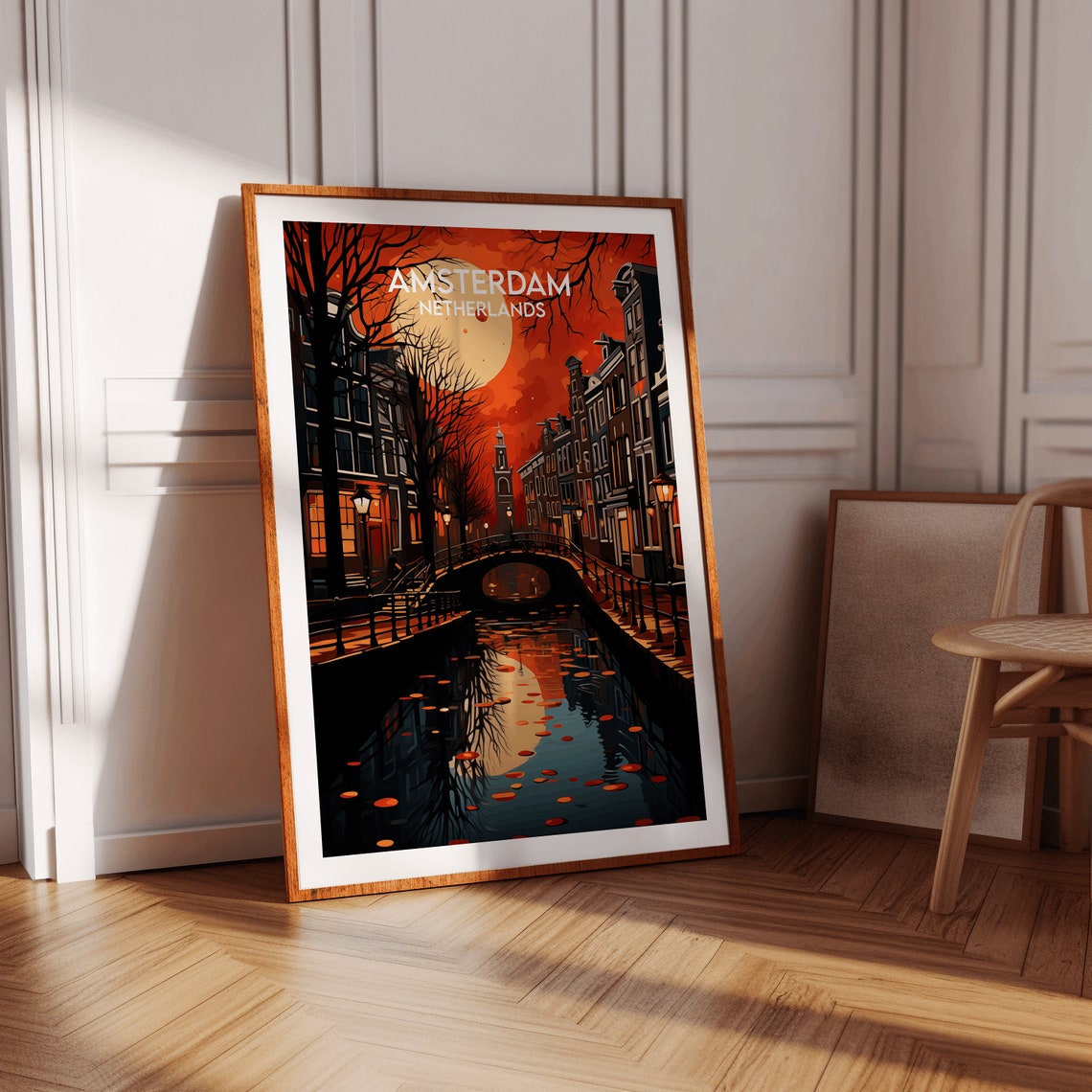 Amsterdam Netherlands Night Canal Moonlit Bridge Vintage Travel Poster - Image 2