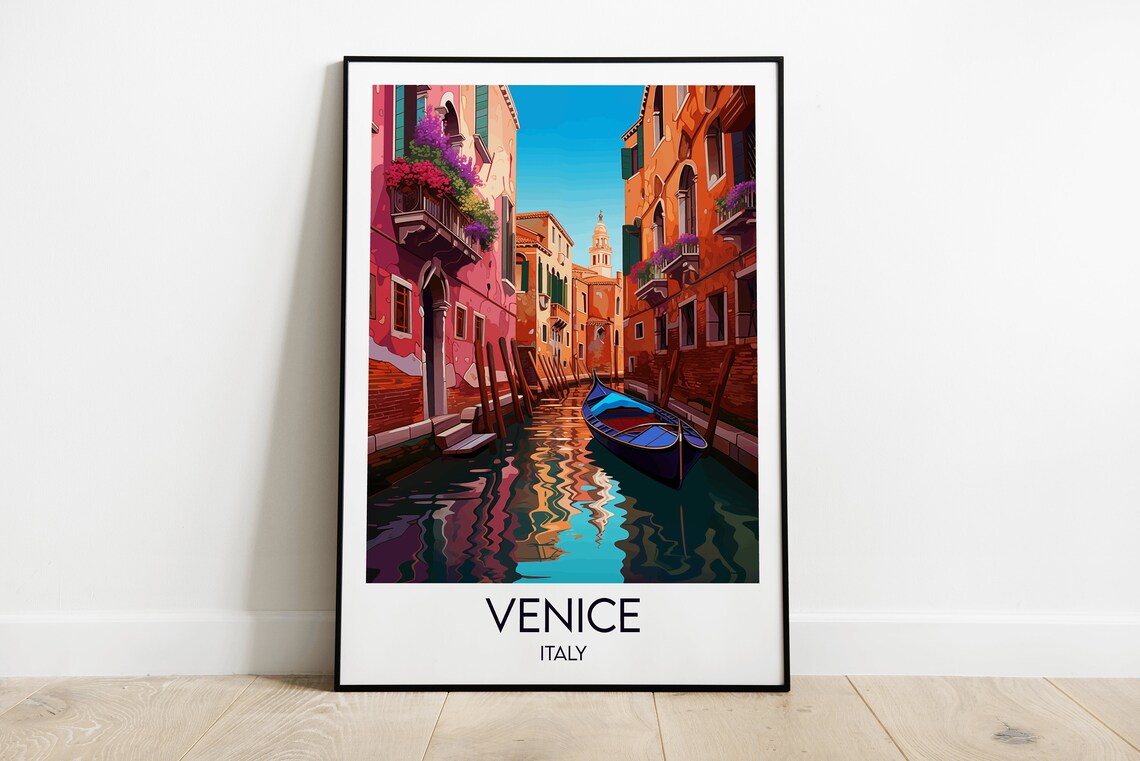 Venice Italy Gondola Canal Charming Flowers Waterfront Travel Poster