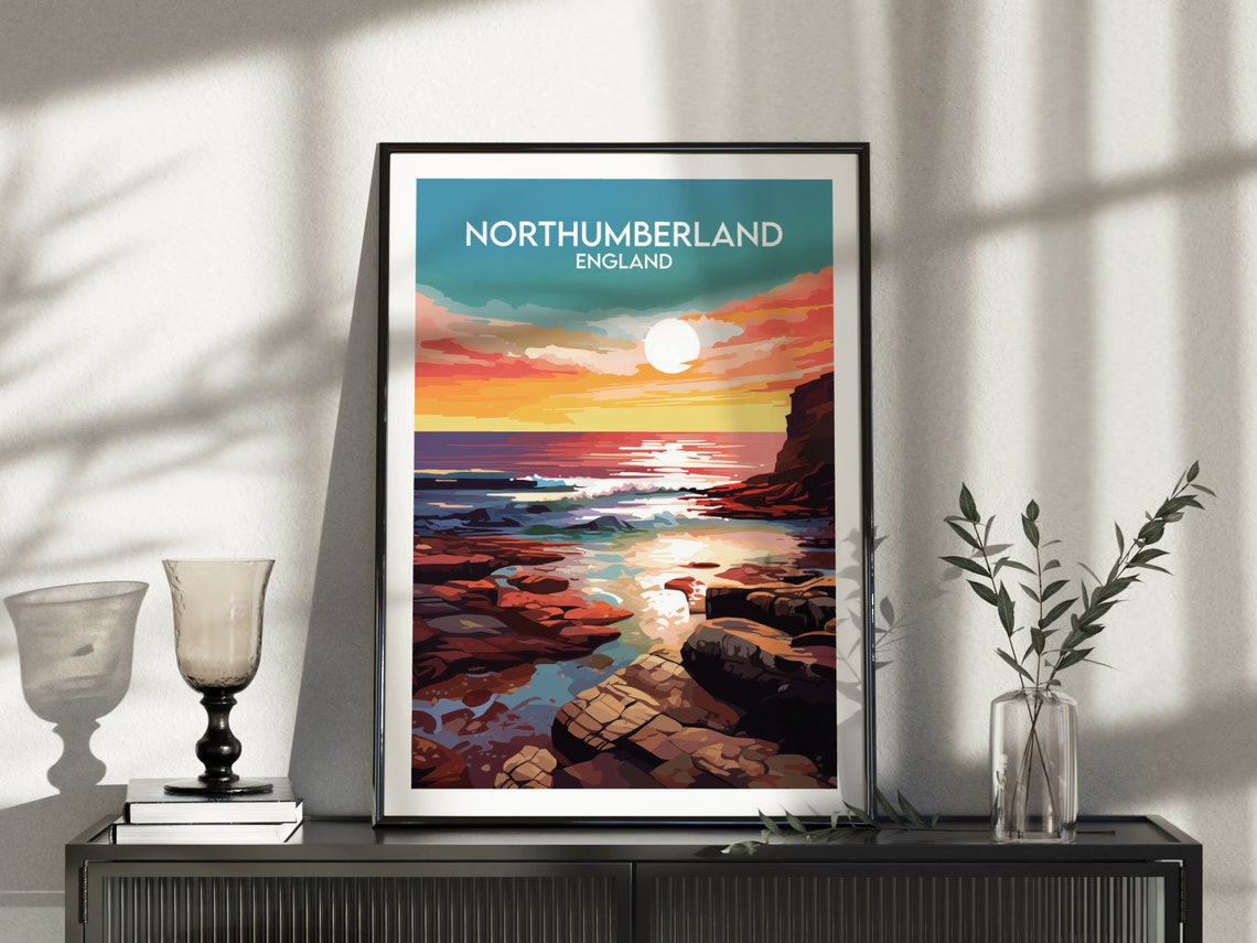 Northumberland England Rocky Coast Golden Sunset Travel Poster - Image 3