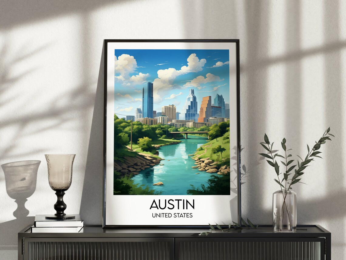Austin United States Skyline River Park Vintage Travel Poster - Image 3