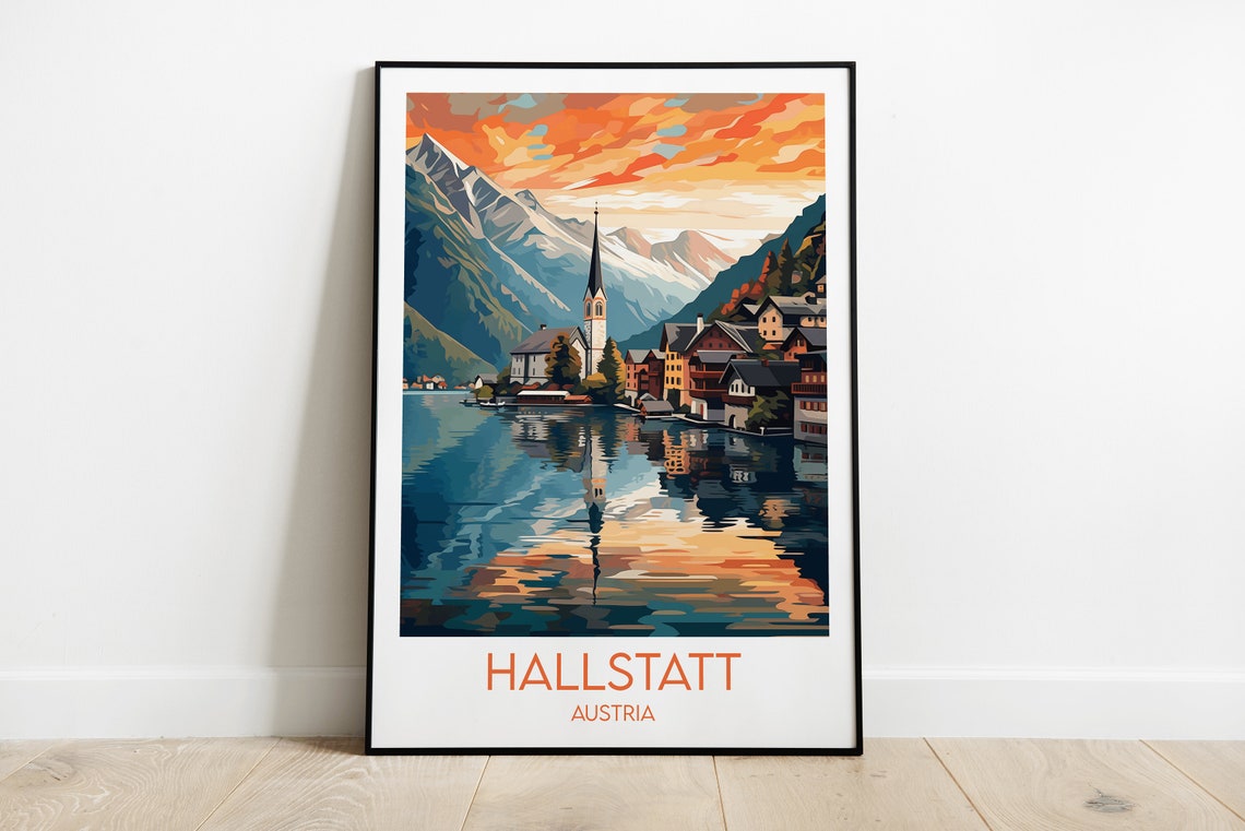 Hallstatt Austria Sunset Lake Reflection Mountain Village Poster
