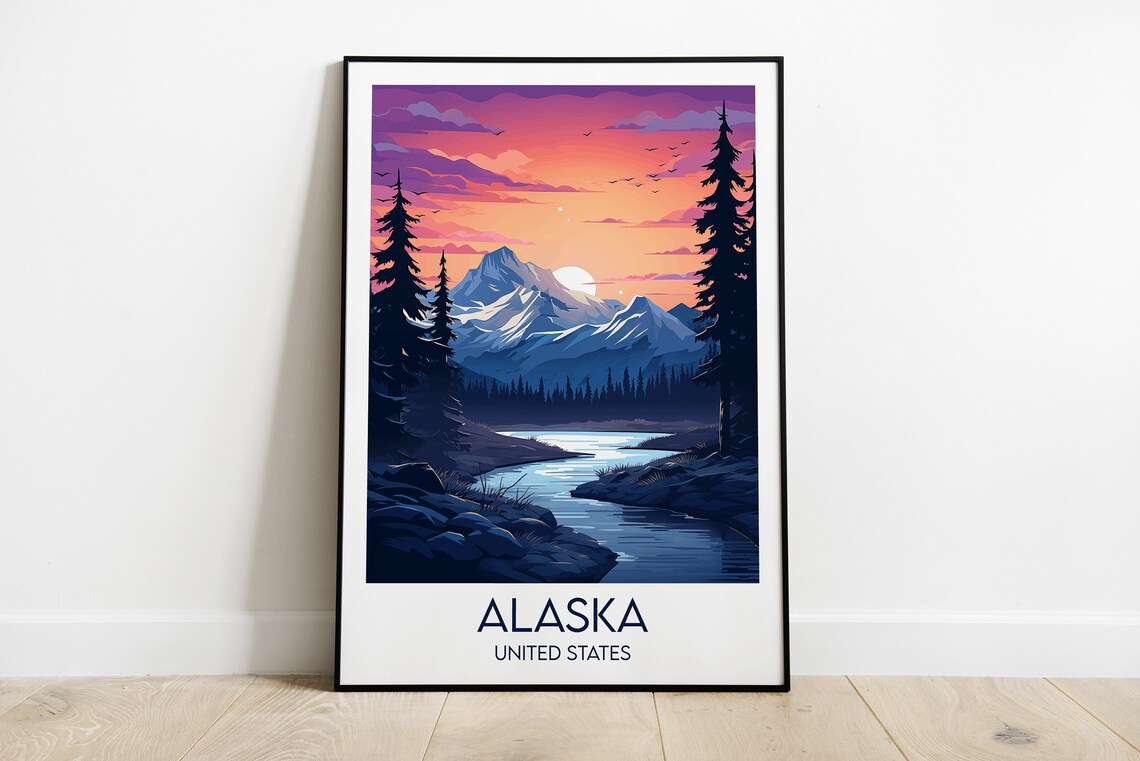 Alaska United States Sunset Mountain Lake Dusk Travel Poster