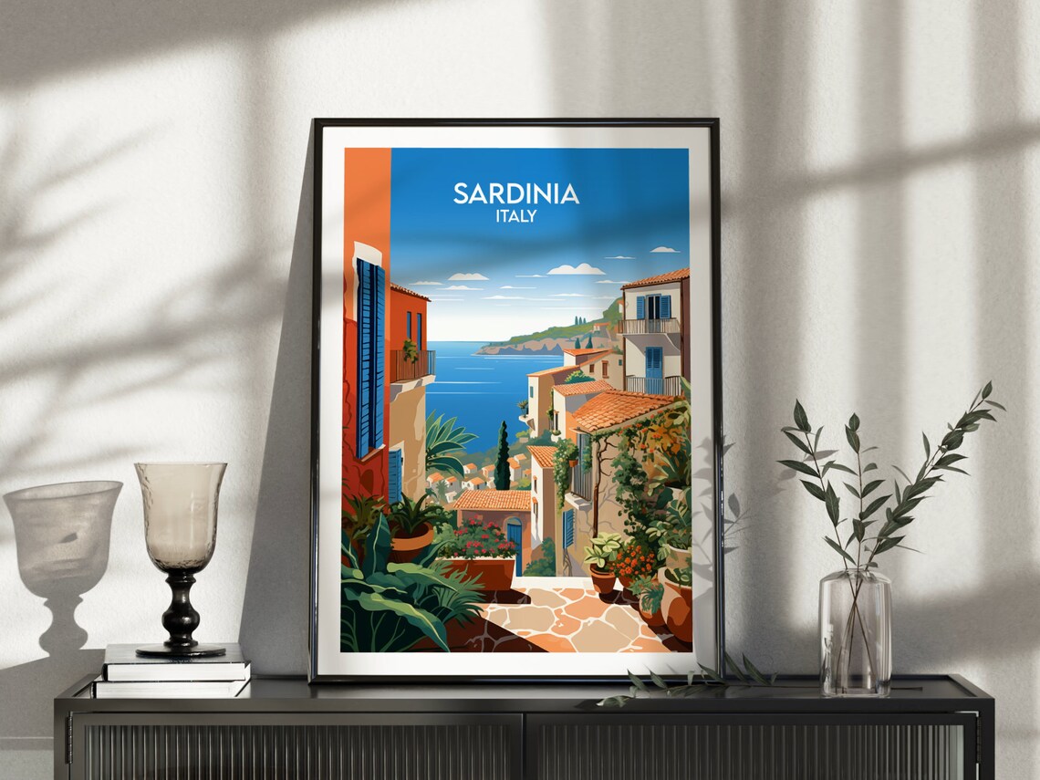 Sardinia Italy Village Street Blue Shutters Sea View Travel Poster - Image 5