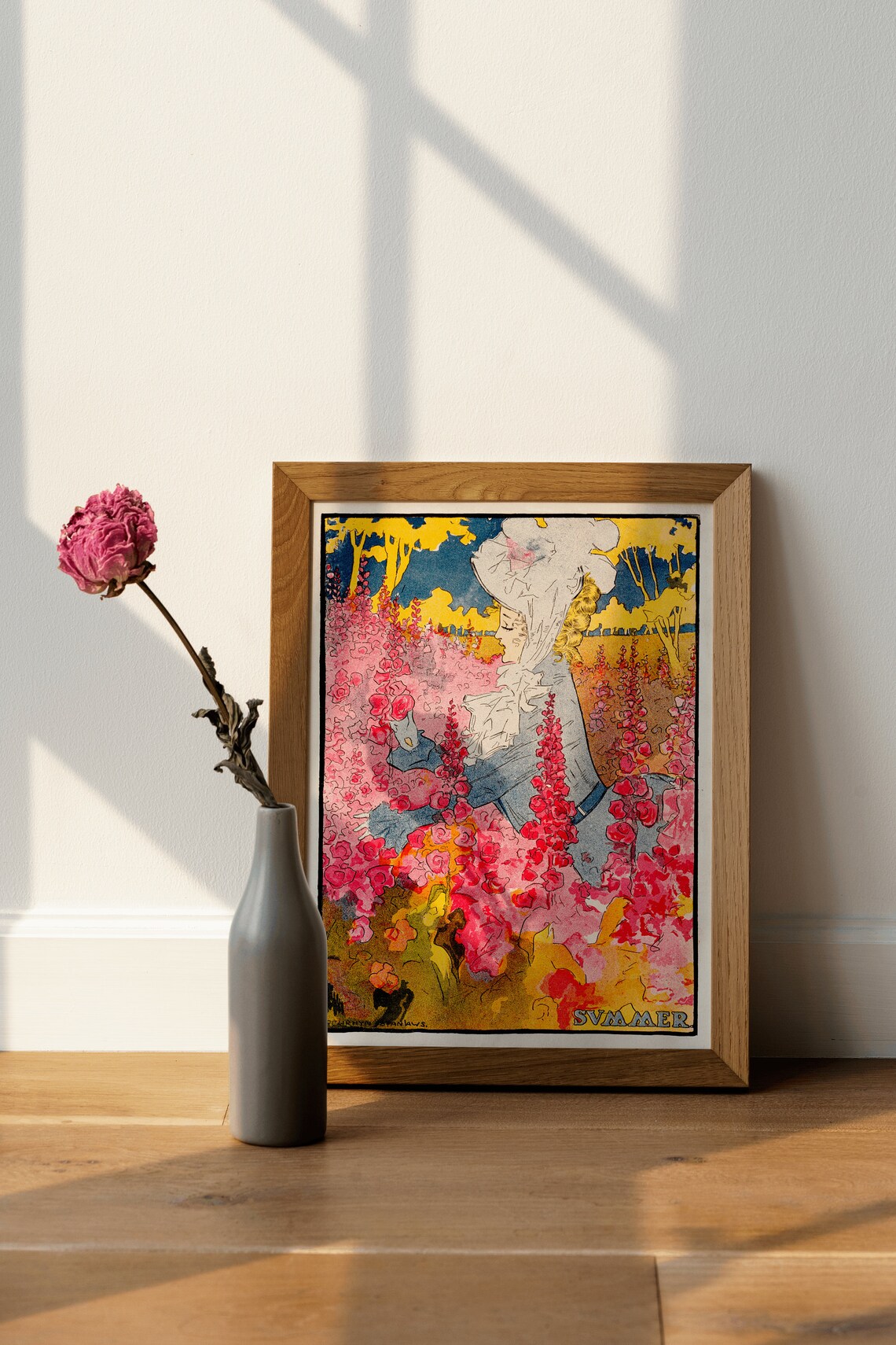 Summer Woman Among Pink Flowers Vintage Art Nouveau Floral Poster - Image 4