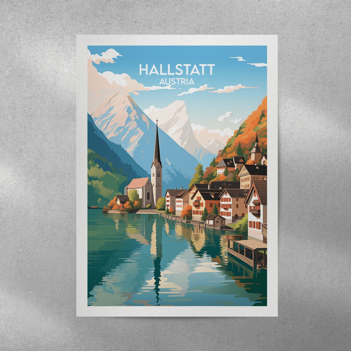 Hallstatt Austria Lakeside Village Vintage Travel Illustration Poster - Image 4