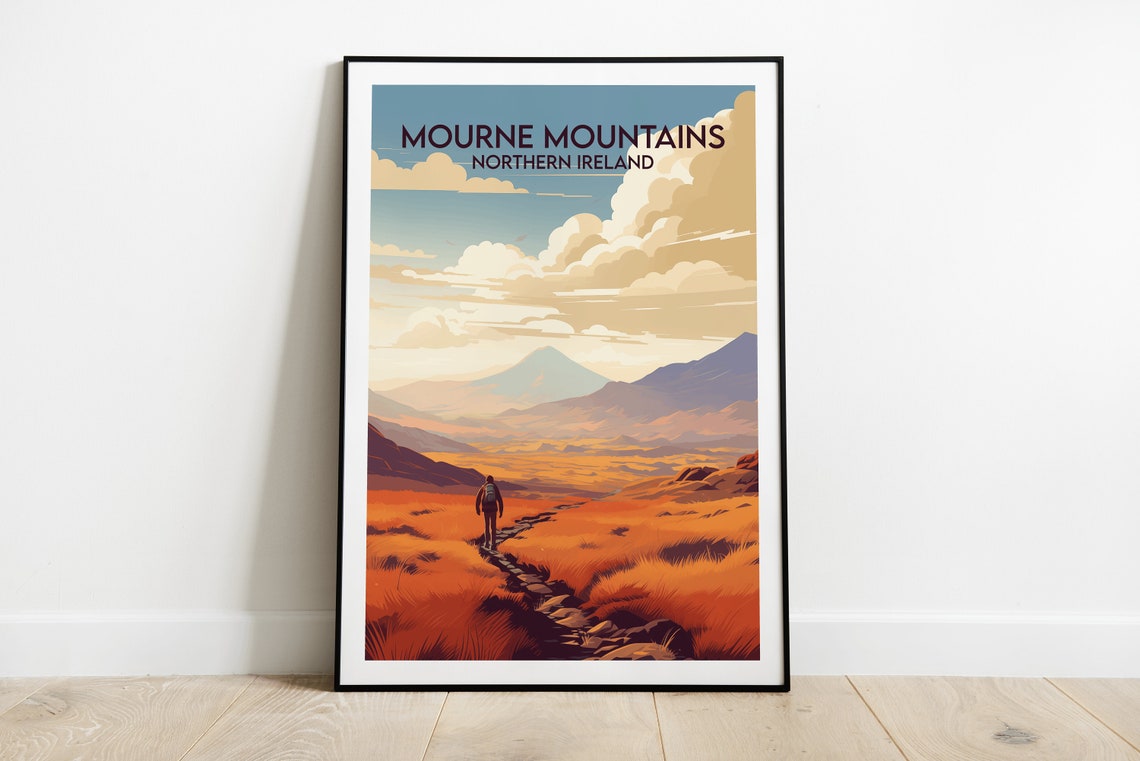Mourne Mountains Northern Ireland Hiker Trail Retro Travel Poster