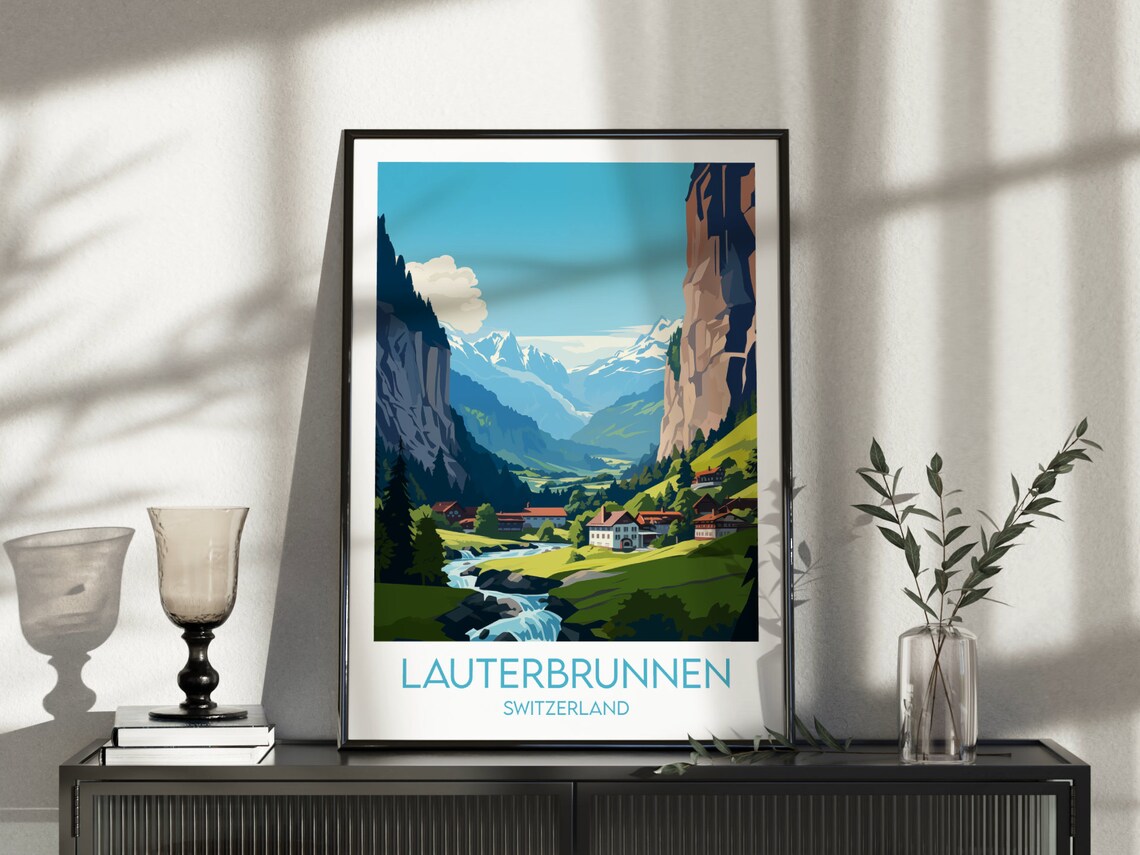 Lauterbrunnen Switzerland Waterfall Valley Chalet Scene Poster - Image 3