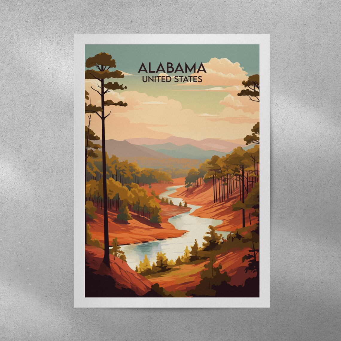 Alabama United States Pine Forest River Valley Travel Poster - Image 3