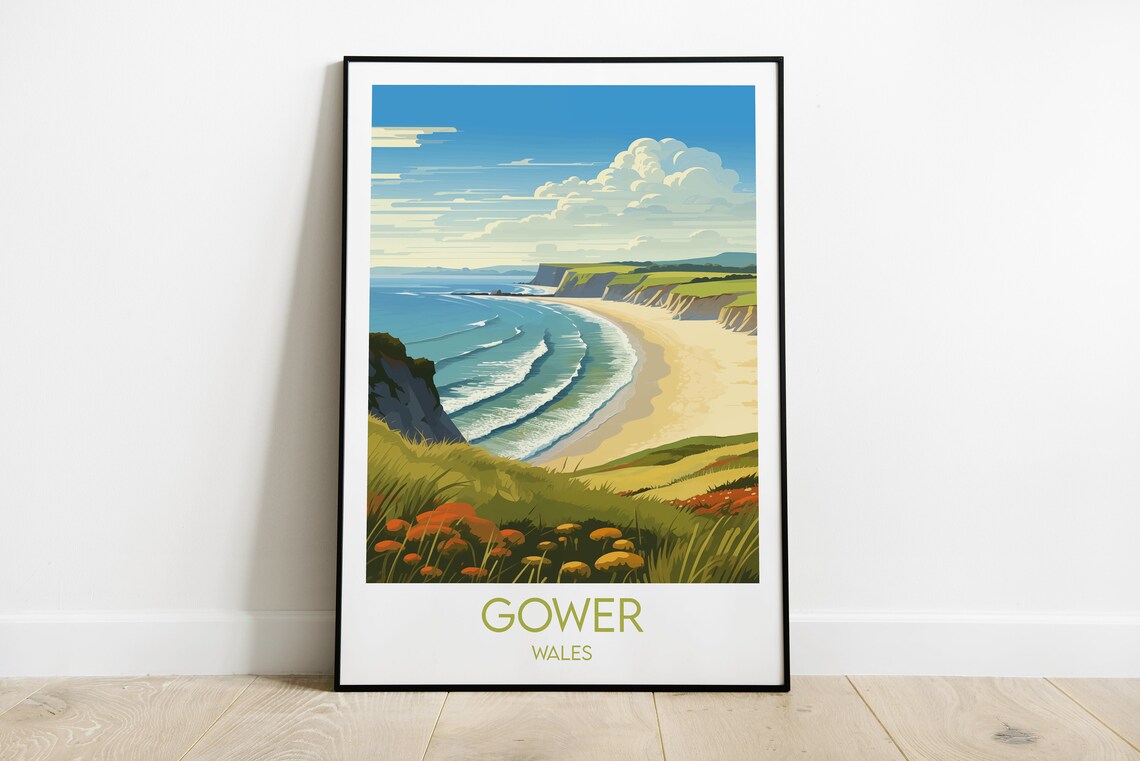 Gower Wales Beach Cliffs Golden Coastline Seaside Travel Poster