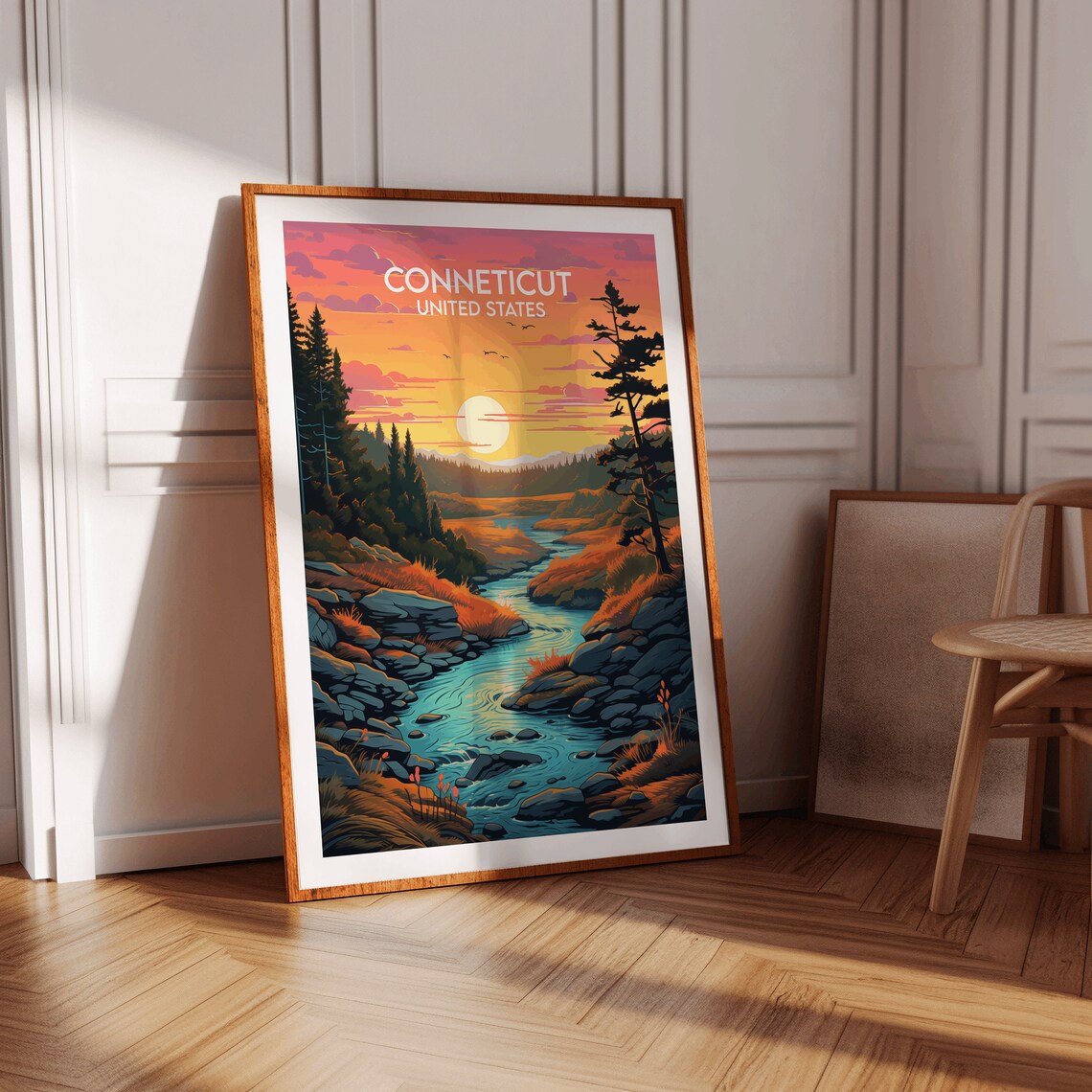 Conneticut United States River Rocks Sunset Forest Landscape Poster - Image 2