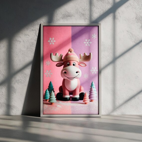 Cute Pink Moose in Knit Hat Pastel Winter Trees Snowflake Poster