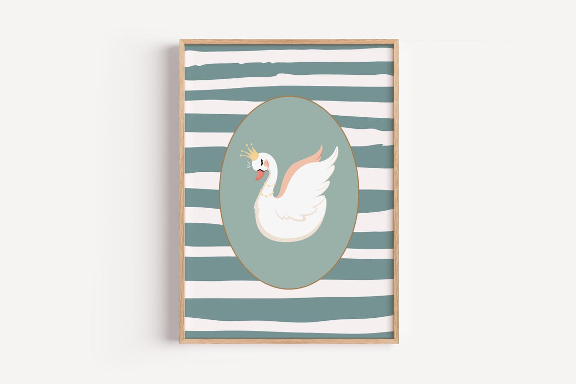Crowned Swan Teal Striped Nursery Decor Poster Baby Girl Room Gift