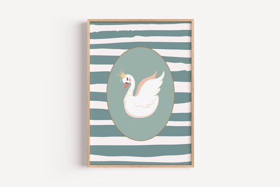 Crowned Swan Teal Striped Nursery Decor Poster Baby Girl Room Gift