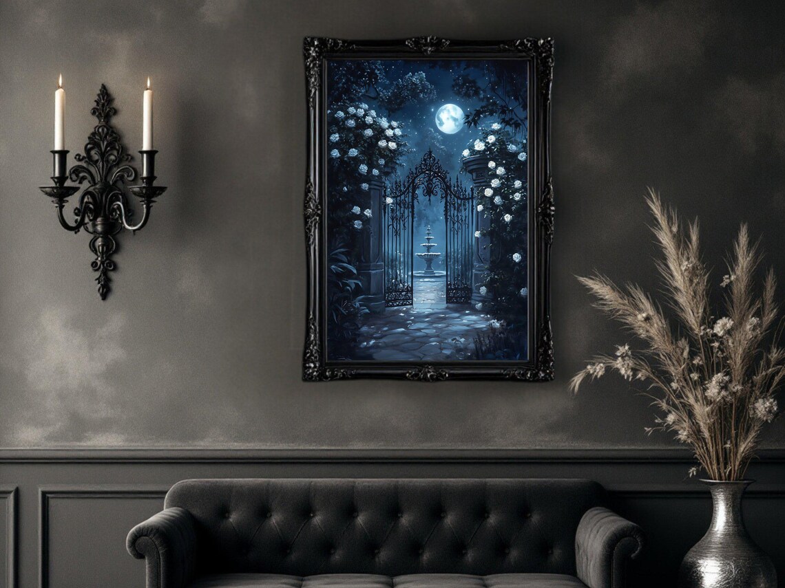 Enchanted Garden Gate, Moonlit Gothic Art Print - Image 2