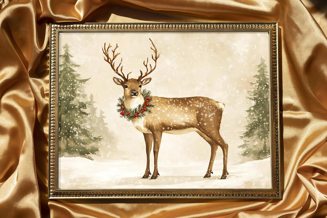 Vintage Reindeer Christmas Art, Rustic Winter Scene - Image 3
