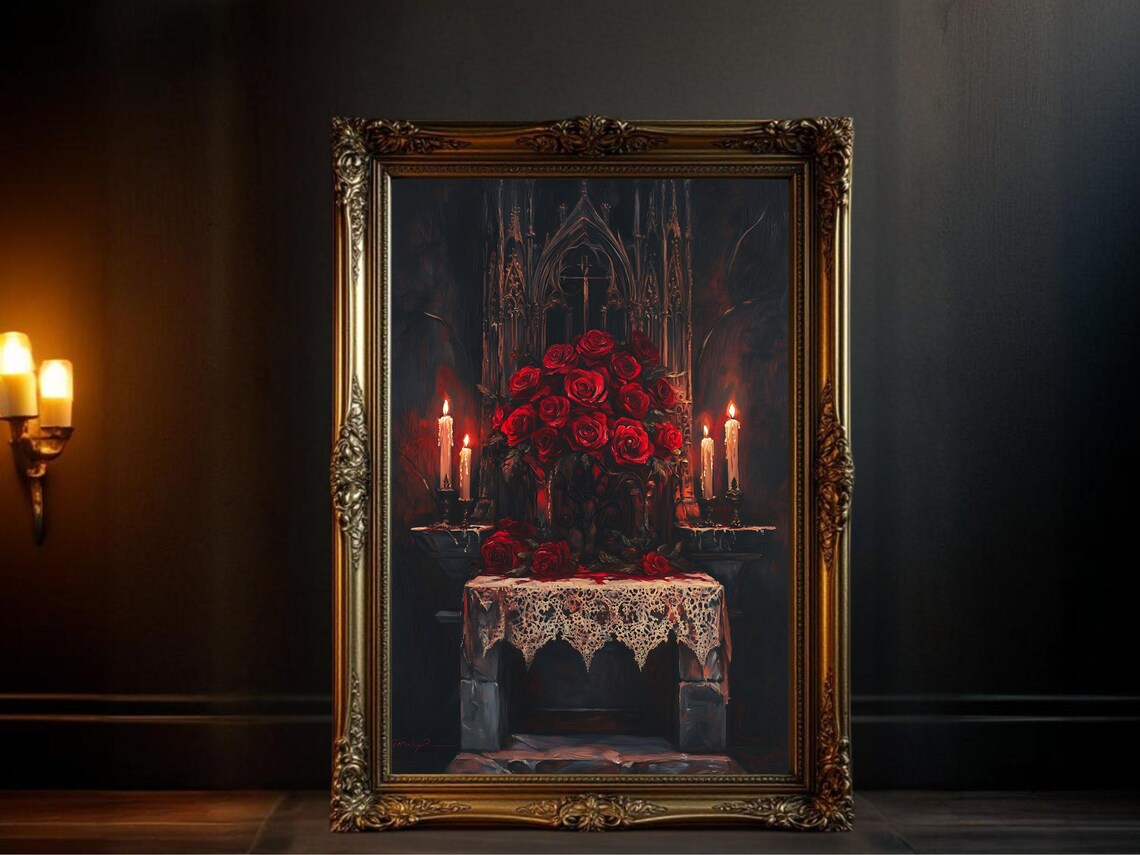 Gothic Roses Candlelit Altar, Dark Romantic Floral Art Print